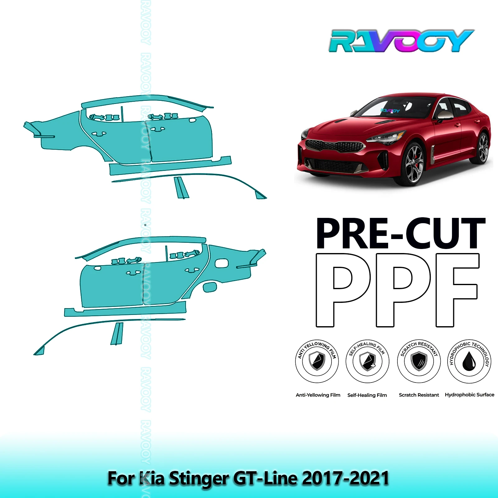 

For Kia Stinger GT-Line 2017-2021 8.5mil Clear Matte Pre-Cut PPF Door & A/B Pillar Kit TPU Paint Protection Film Set