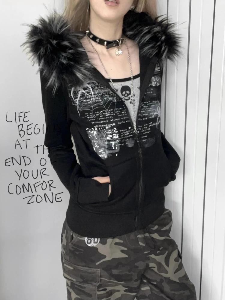 Y2k Fur Patchwork Grunge Hoodies Women Streetwear Vintage Harajuku Gothic Print Hooded Sweatshirt Coat Aesthetic Slim Jacket