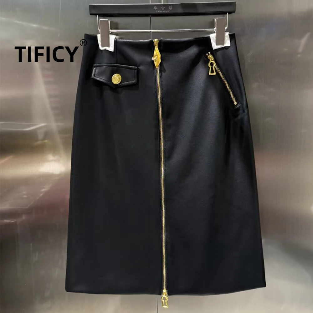 High Street Skirts Women's New Ins Temperament Sexy Dopamine Metal Decorative Zipper High Waist Half PU Skirt