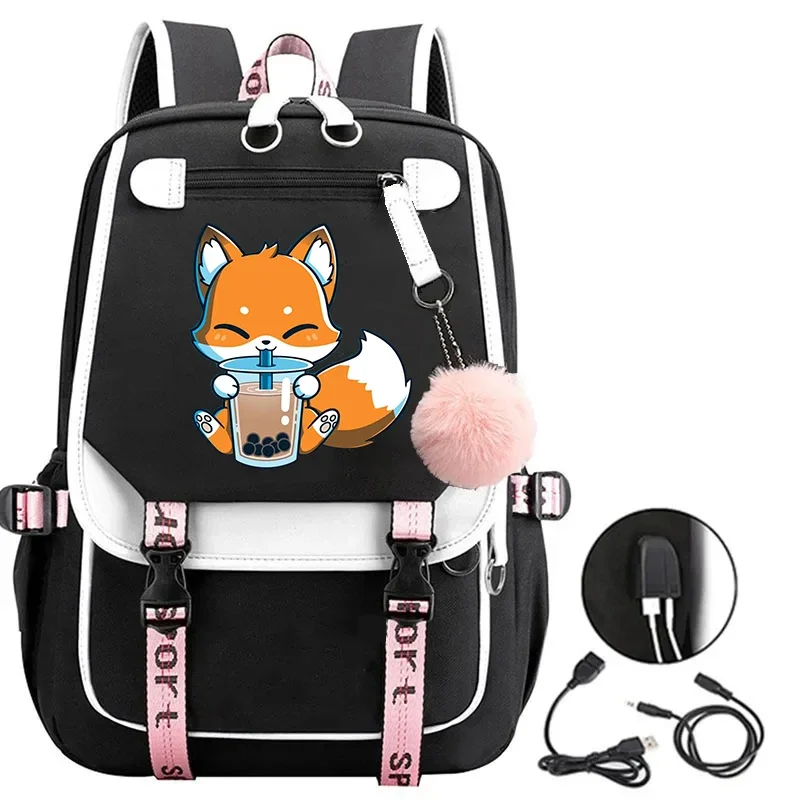 Fox Panda Drink Milk Tea Print USB Charging Backpacks Girls Cute Boba Tea School Bags Student Fashion Bookbag Teenage Laptop Bag