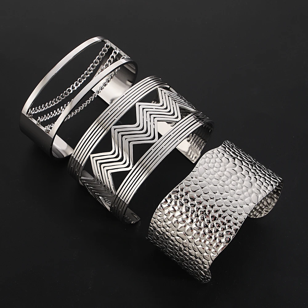 Chunky Silver Color Stainless Steel Cuff Bangles Exaggerated Hollow Geometric Abstract Wristband Bracelets Waterproof Jewelry