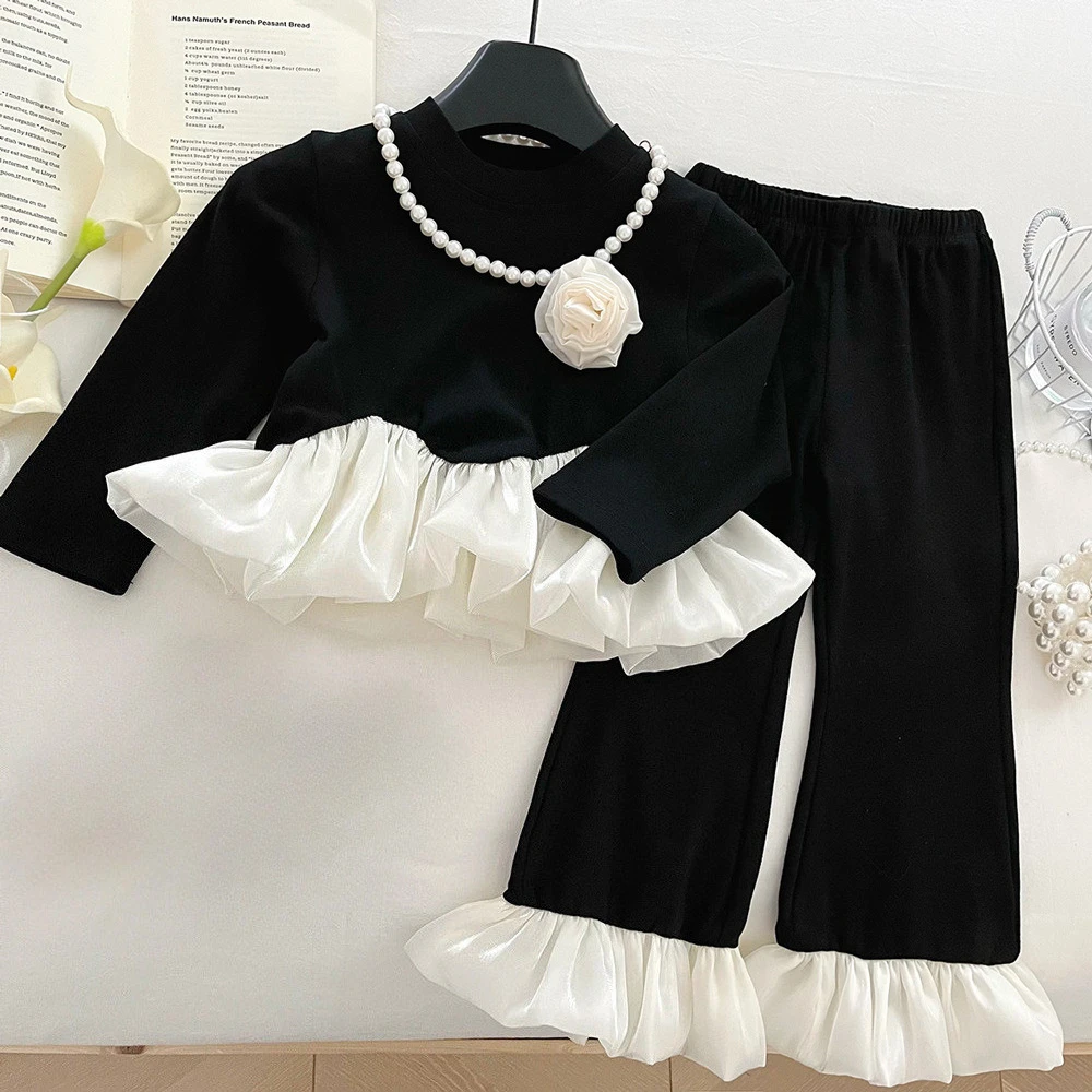 Fashion Girl Clothes Set Baby Toddler Girls Suits Elegant Long Sleeve Top T Shirt with Necklace and Pants Ruffle Style Boutique