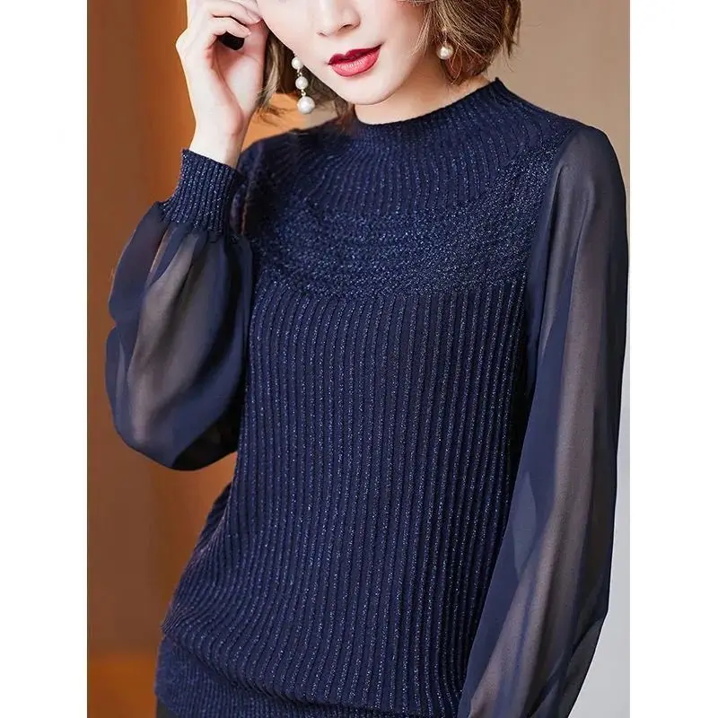 Fashion Elegant Commute Women\'s Half High Collar Knitted Pullovers Spring Female Clothing Solid Color Gauze Long Sleeve Sweaters