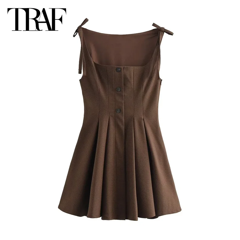 TRAF-Vestidos cortos marrones para mujer, Mini Vestidos deslizantes de mariposa de otoño, Vestidos elegantes plisados sin mangas para fiesta 2024