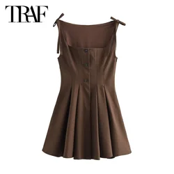 TRAF Brown Short Dresses Vestidos 2024 Women's Autumn Butterfly Mini Slip Dresses Elegant Party Pleated Sleeveless Dresses