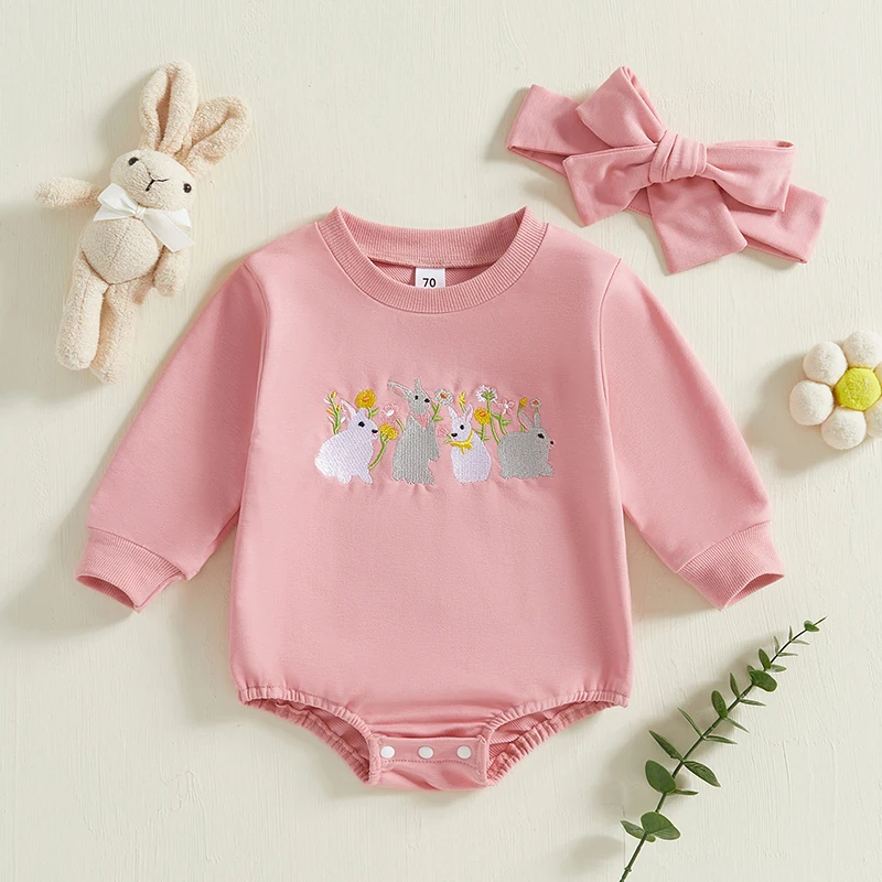 

0-18months Baby Girls Easter Bunny Romper with Matching Headband Bodysuit for Spring Toddler Girls and Photoshoots