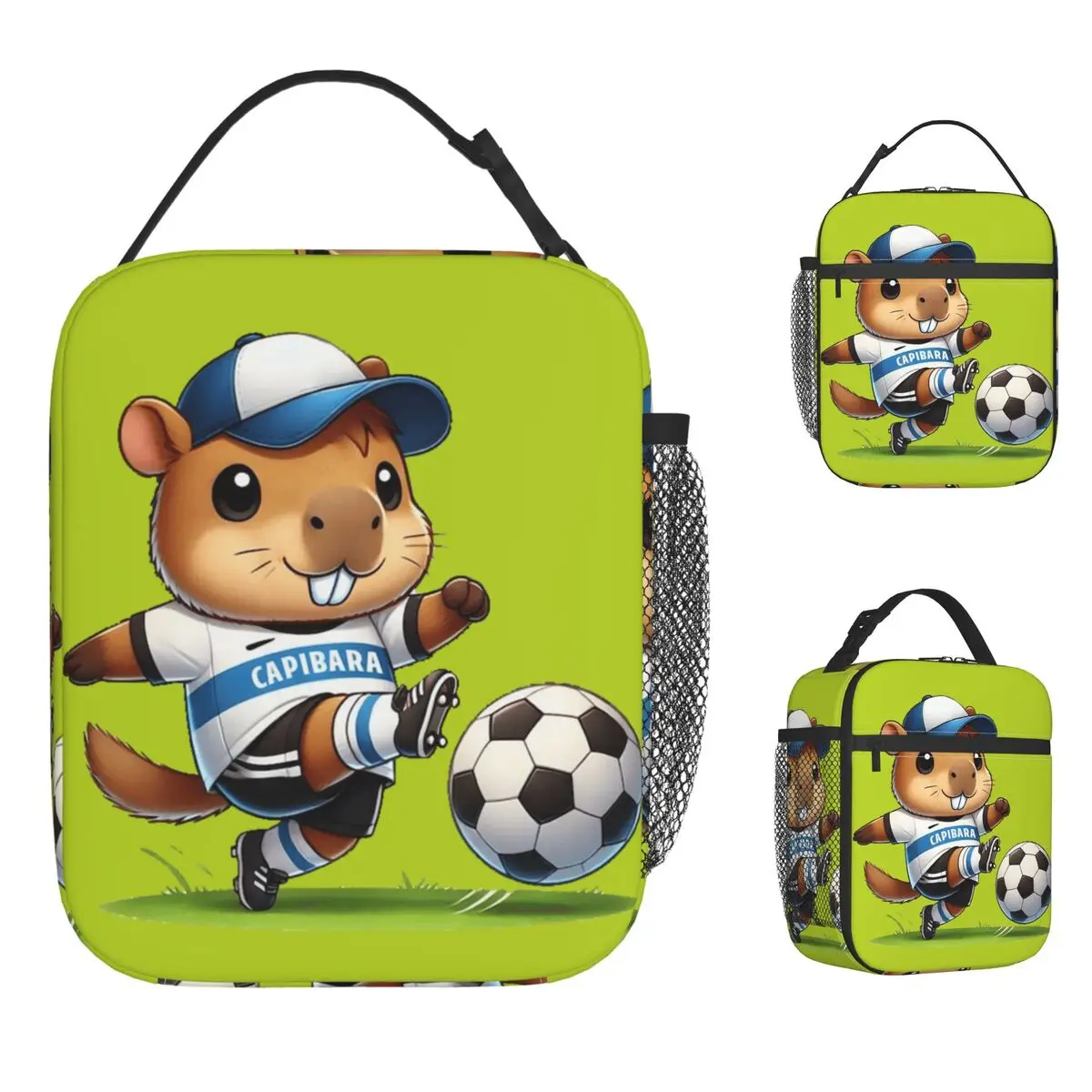 

Capybara Playing Football Lunch Bag Aesthetic Lunch Box Child Travel Portable Insulated Cooler Bag Oxford Custom Tote Food Bags