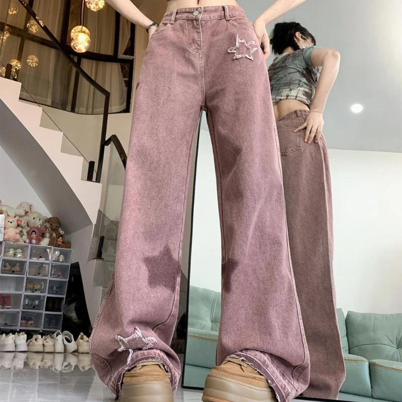 

Trendy Straight Leg Jean Pants with Star Accents High Waist Loose Trousers for Stylish Women and Girls