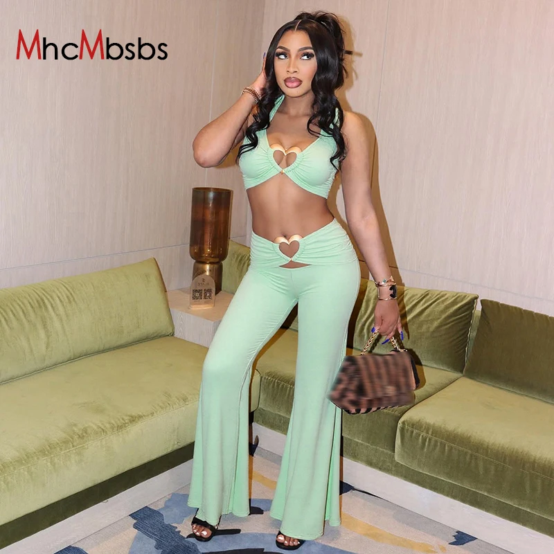 

Heart Metal Patchwork 2 Piece Set Women Lace-Up Halter Low-Neck Crop Tops+Solid Wide-leg Pants Simple Casual Outfits 2025