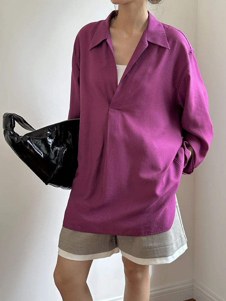 [EAM] Women Purple Perspective Big Size Thin Blouse New V-Neck Long Sleeve Shirt Fashion Tide Spring Autumn 2024 1DH5617