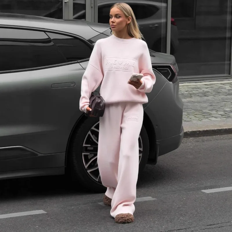 Hot Stamping Sweater Casual Loose Straight Trousers Two-piece Set 2026 Pant Sets Autumn and Winter New Pink Wool Suit Women's