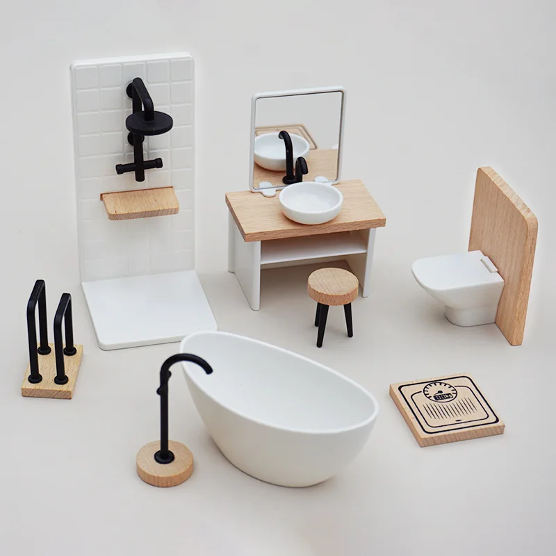 1:12 miniatuur poppenhuis badkamermeubelset - simulatie houten mini-meubels fantasiespel speelgoed decor