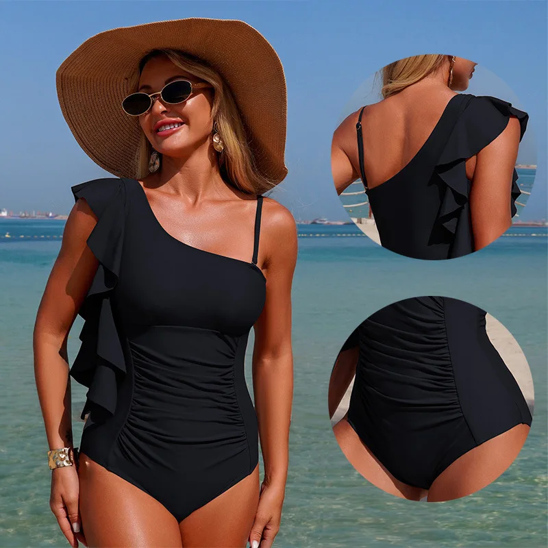 Sexy Ruffles One Piece Swimsuit 2026 Solid One Shoulder Swimwear Push Up Bandeau Monokini Slim Fit Bathing Suit Woman Beachwear