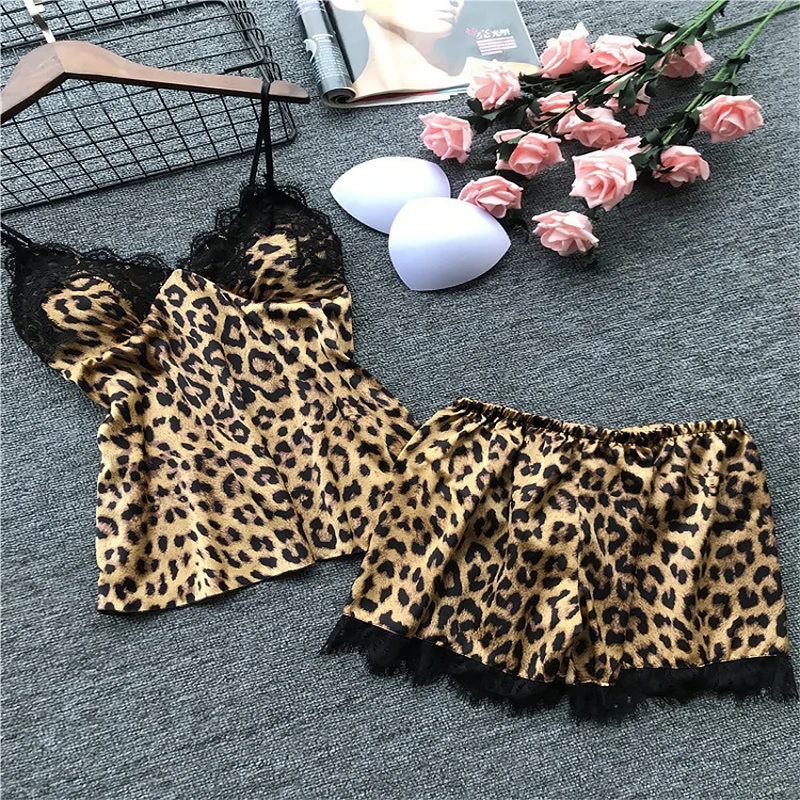 

Fashion Casual Sexy Lace Stitching Leopard Print Sexy Pajamas Set For Women