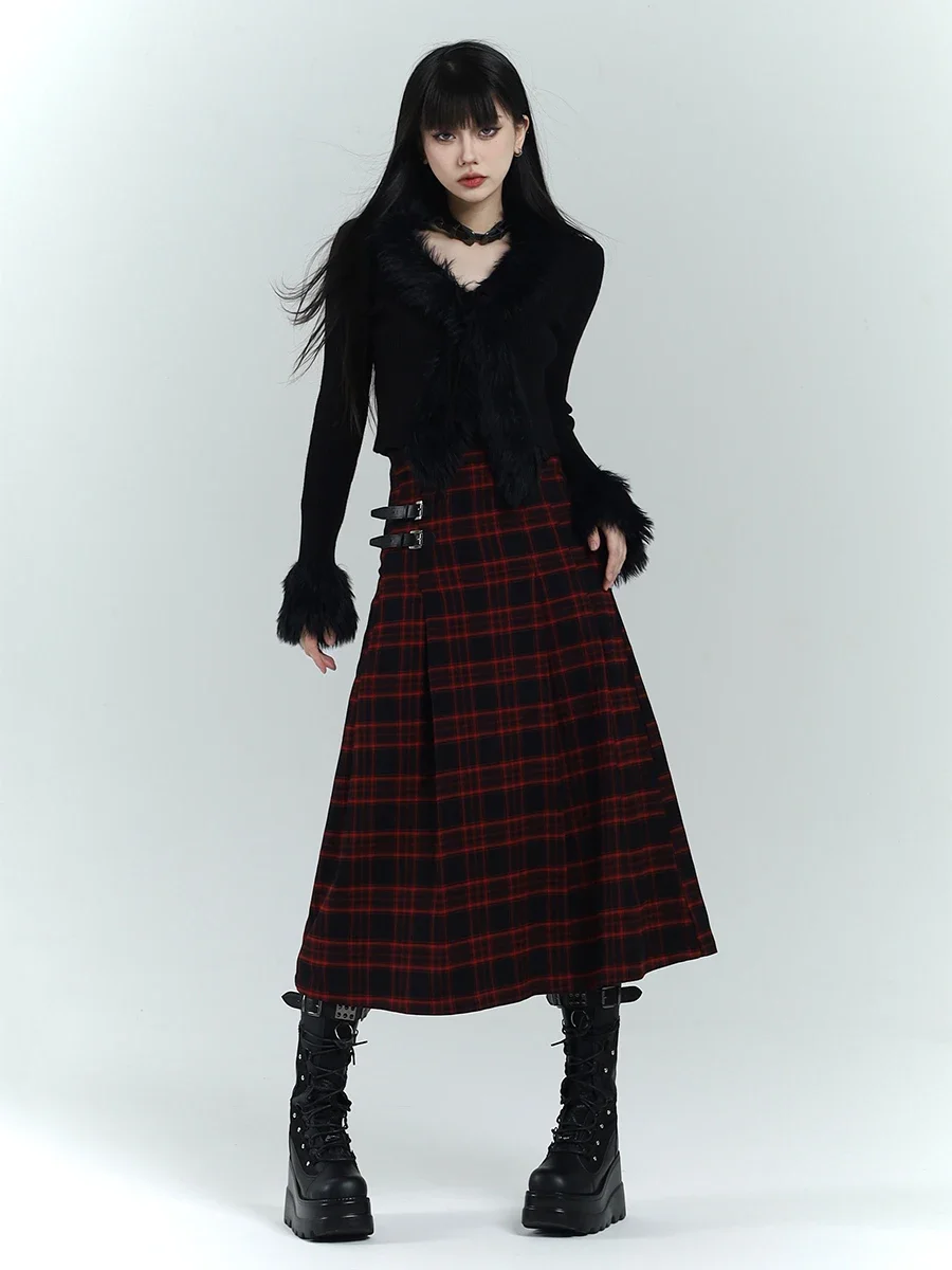 Gothic Original New Arrival High-quality Red Plaid Long Buckle Pleated Skirt Sexy Hot Girl Wrapped Belt Slit Half Length Skirts