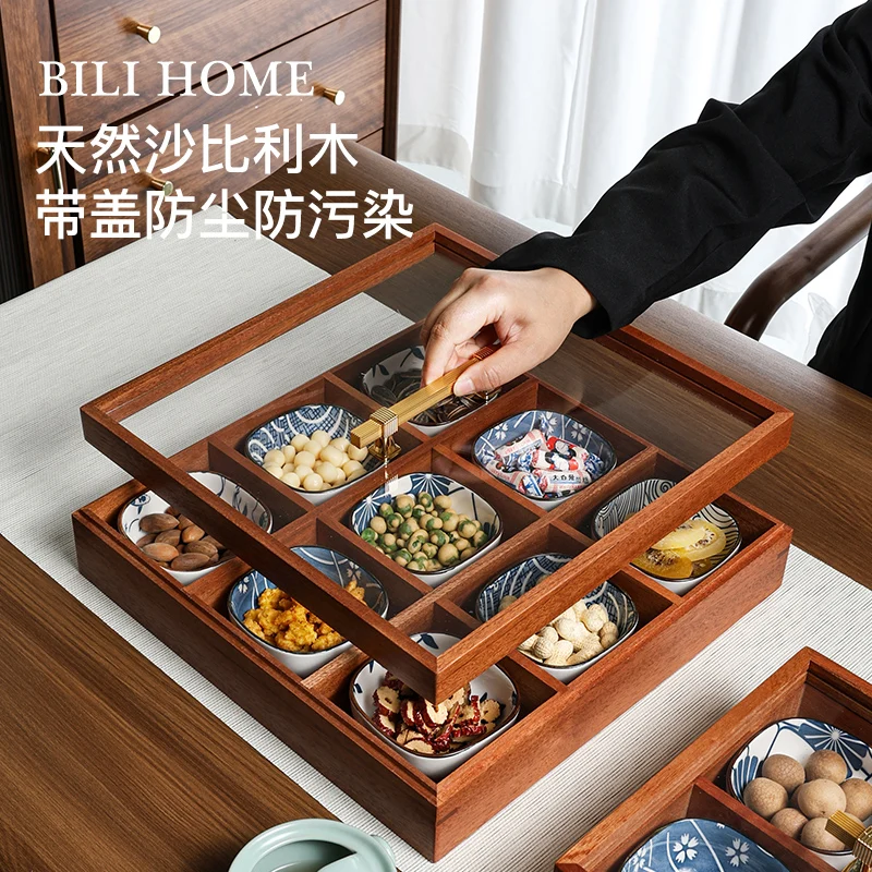 dried fruit box small plate, engagement housewarming large advanced, good-looking Jiugongge, solid wood fruit plate with lid