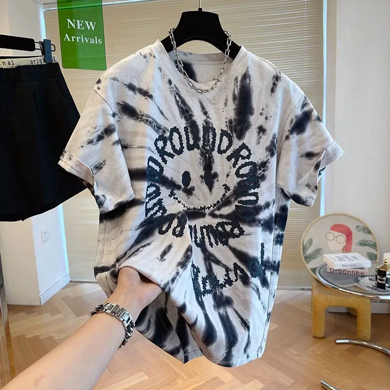 

2024 Summer European Fashion Design Sense Round Neck Tie Dye Letter Print Loose Casual Oversized Short Sleeved T-shirt for Women