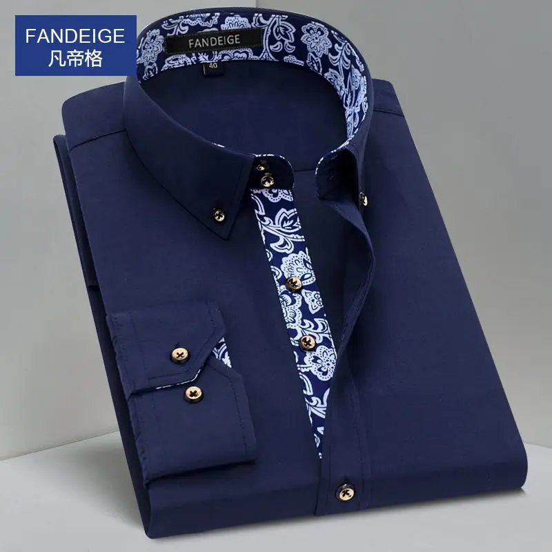 Blue and White Men\'s Dress Collar Shirt Long Sleeve Solid Color Printing Casual Business Slim Fit Cotton Shirts Anti-Wrinkle