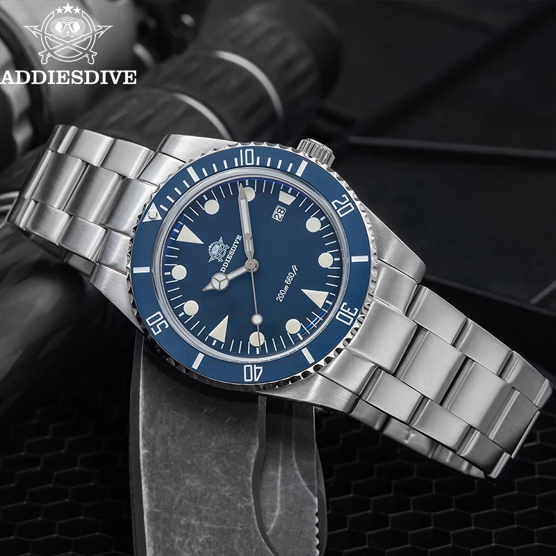 ADDIESDIVE Quartz Watches For Men 200m Waterproof BGW9 Luminous Wristwatch Bubble Glass Ceramic Bezel Stainless Steel Dive Watch