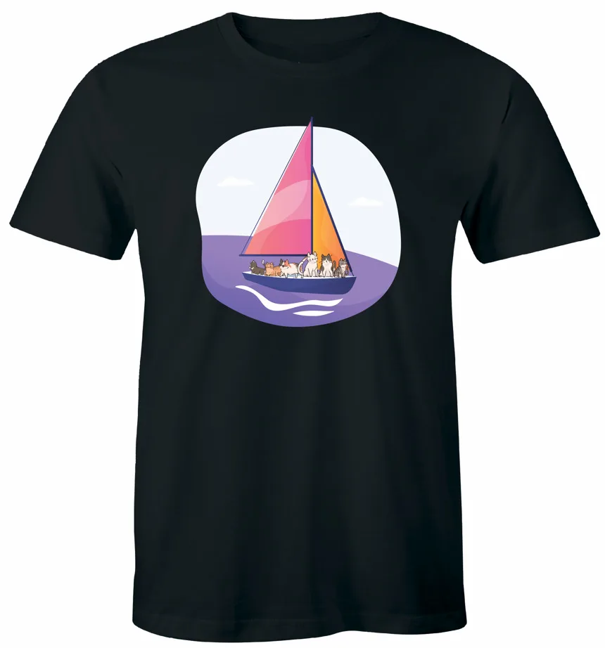 Cats On Sailboat T-Shirt Cats Sailing Kitty Cat Lovers Tee Women Men High Quality 100%Cotton Short Sleeve