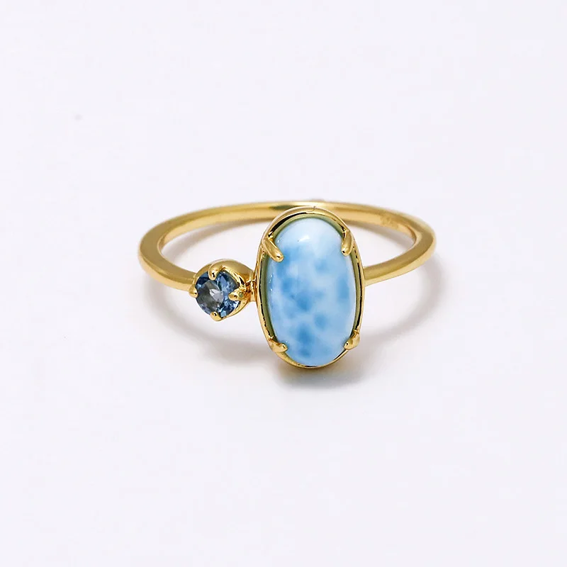 LAMOON Simple Style Natrual Larimar Topaz Gemstone Ring For Women 925 Sterling Silver Light Gold Plated Fine Jewelry Accessories