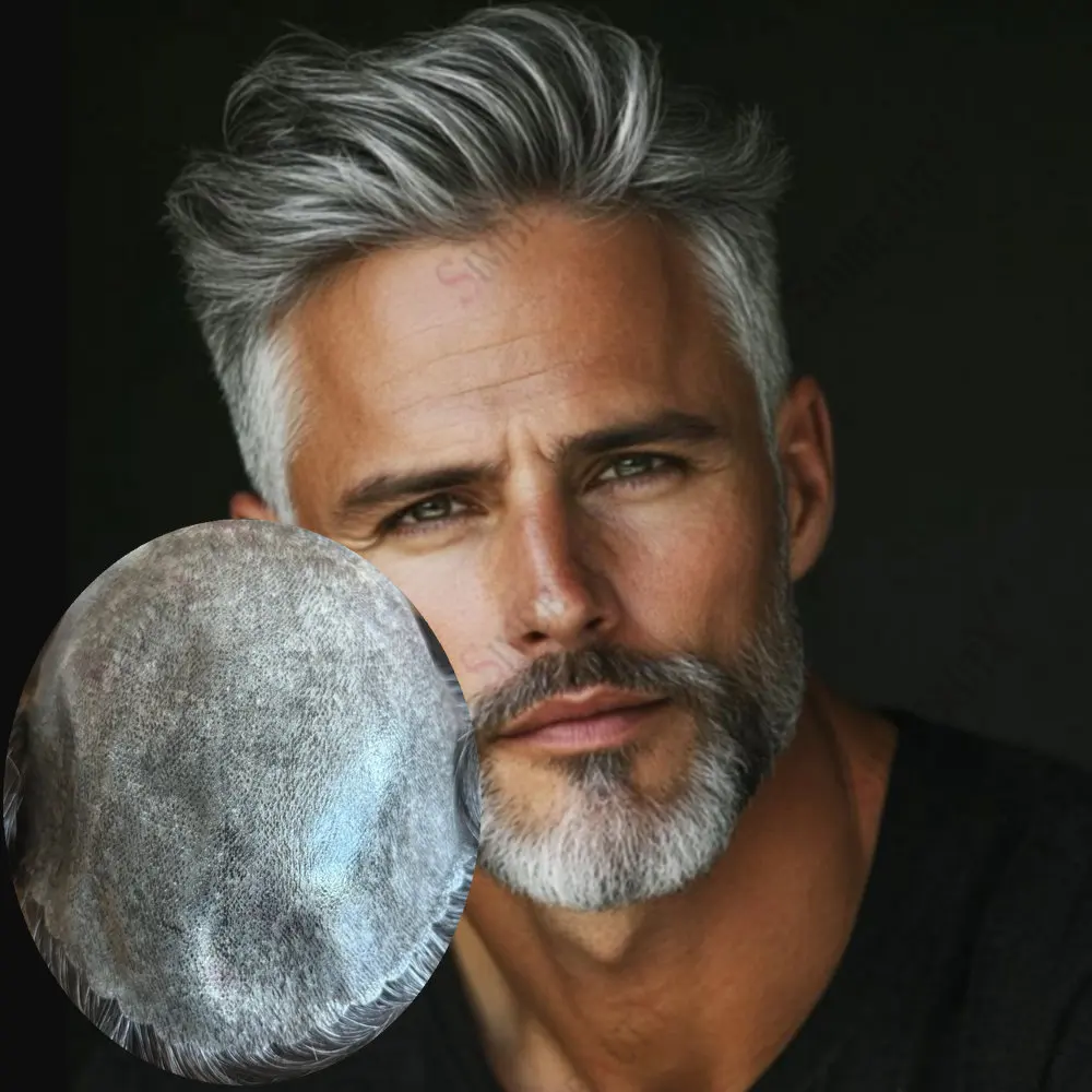 

Super Durable Men's Toupee 1B50 Grey Black Brown Thin Micro Skin Hairpiece Human Hair Natural Hairline Male Capillary Prosthesis
