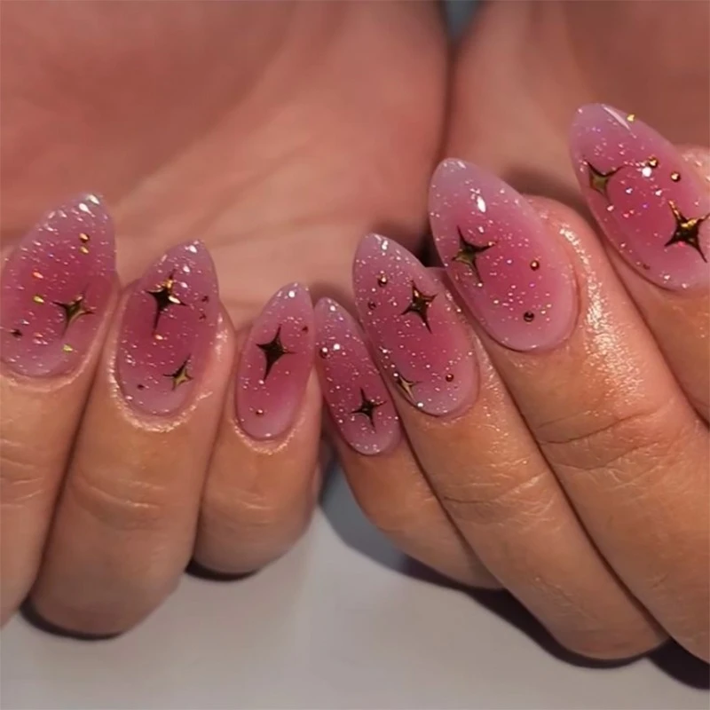 

Glitter Powder Stars Pink Halo Dyeing Nail Art Fashion Shiny False Nails Detachable Finished Fake Nails Press on Nails with Glue