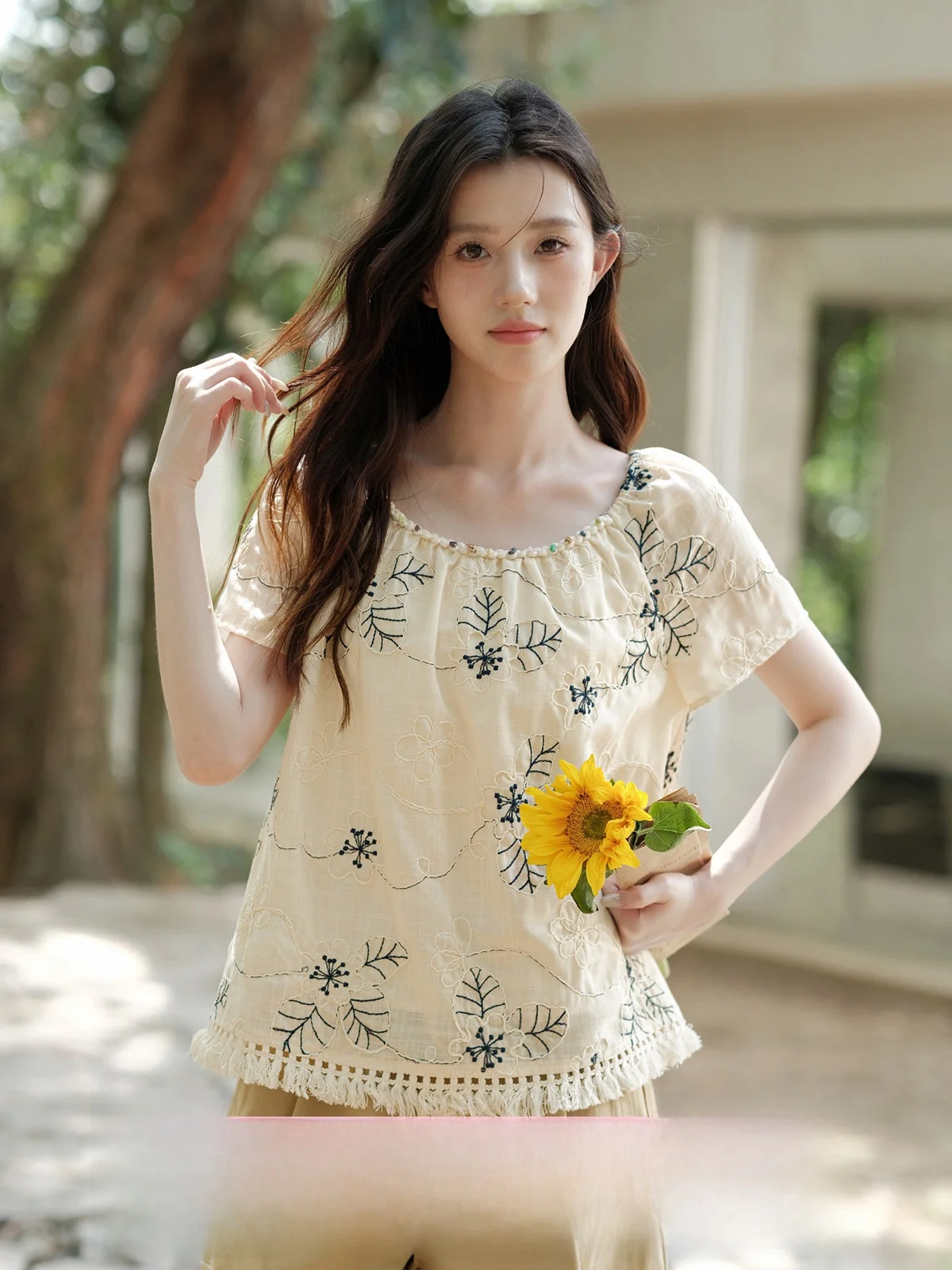 

Wood Easy Design Tassel ort Sve Embroidered Loose Women's irt Summer Unique Beautiful Small Top Comfortable Breathable