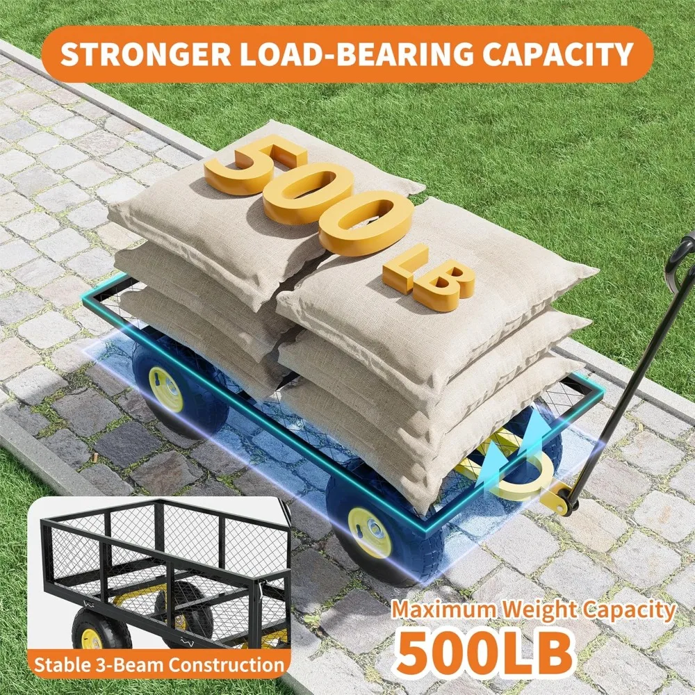 

2-in-1 Heavy-Duty Steel Garden Cart, with 10 Inch All-Terrain Tires and Removable Mesh Side Panels, 180° Rotating Handle