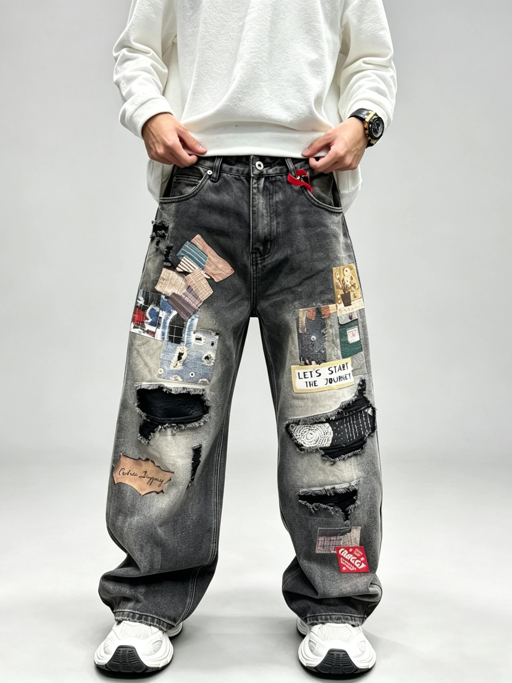 Calças Jeans Largas com Design Retro Americano em Patchwork, Estilo Casual, Moda de Rua, Hip Hop, para Homens e Mulheres