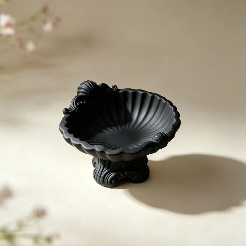 3D Printed Matte Black Scallop Shell Shape Decorative Pedestal Dish Ornament Vintage Style Trinket Holder For Jewelry Storage