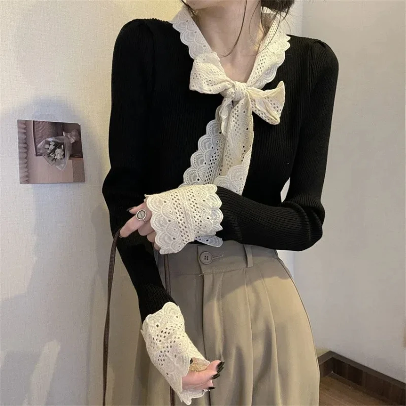 Lace Patchwork Sweet Knitted Sweater for Women Spring Autumn New Bow Bandage Slim Korean Pullovers Top Fashion Elegant Clothing