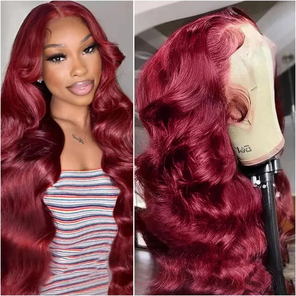

36-дюймовый парик 13x4 Hd, предварительно сорванный, 99j, бордовый, объемная волна, кружевной передний парик с детскими волосами, плотность 180, бесклеевой, готовый к ношению