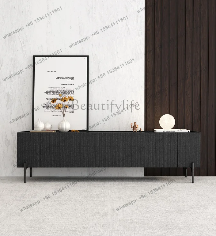 Simple Modern TV Cabinet Black Metal Feet Vintage Black Oak Matte Black with Drawer GUI