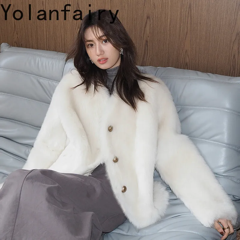 YOLANFAIRY Short Real Fur Coat Women Luxury Winter Korean Style Natural Leather Fur Coats Woman V-neck Elegant Lamb Fur Jacket