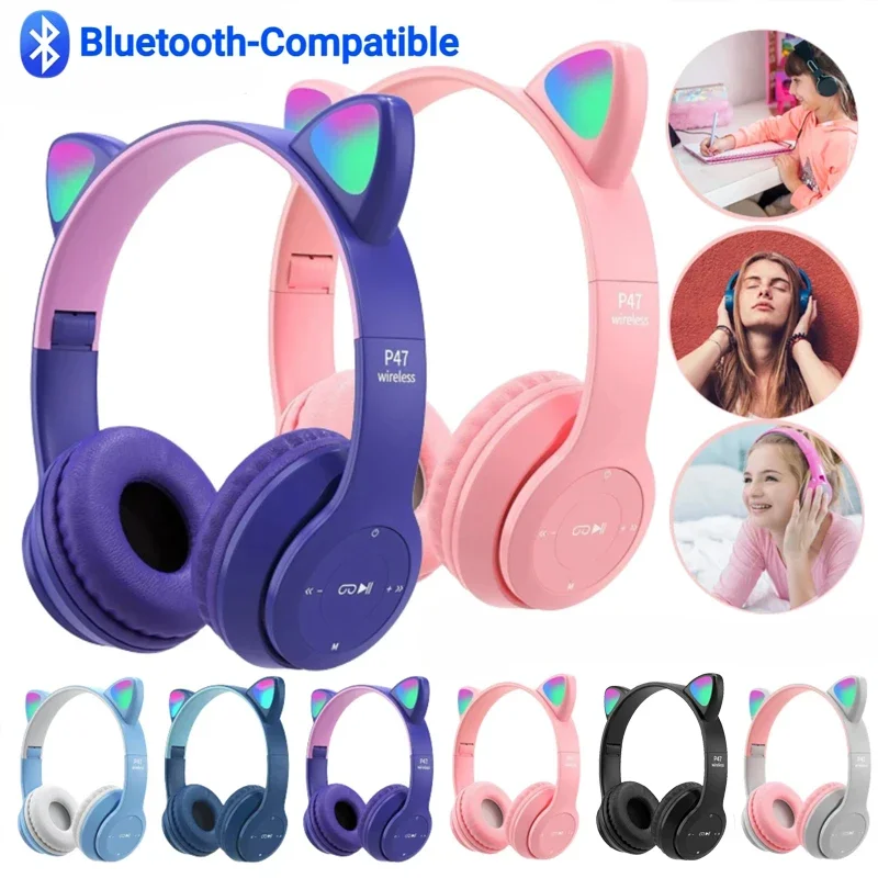 P47m Wireless Bluetooth Headphone Cute Cat Ears Style Bluetooth Headset LED Light Waterproof Noise Cancelling Earbuds