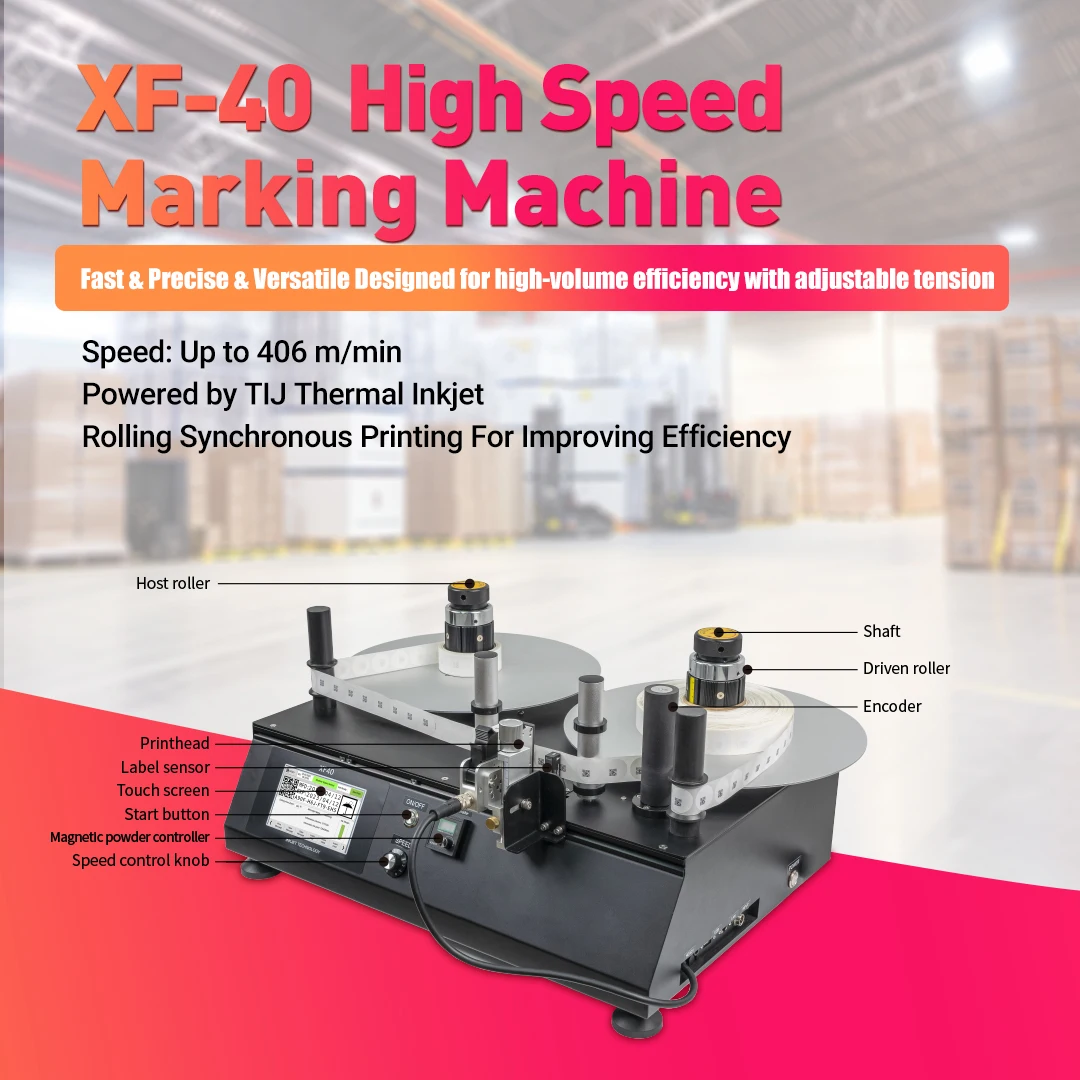 DOCOD XF40 High Speed Marking Machine Mini Roll Label Rewinder with TIJ Thermal Inkjet Printer for QR Code BAR Code GS1 Code