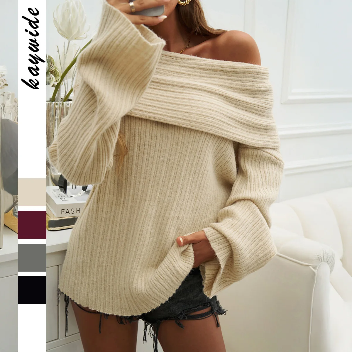 

Women Loose Solid Color Pullover Long-sleeved Sweater Temperament Off-the-shoulder Pullover Diagonal Collar Knit Top