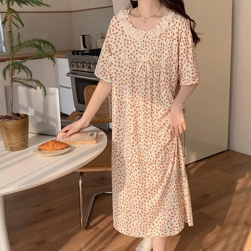 Plaid Women Nightgown Sleepwear Lace Short Sleeve Night Dress Summer Bow Night Wears Bow Korean Style One Piece Pajamas 2024 New