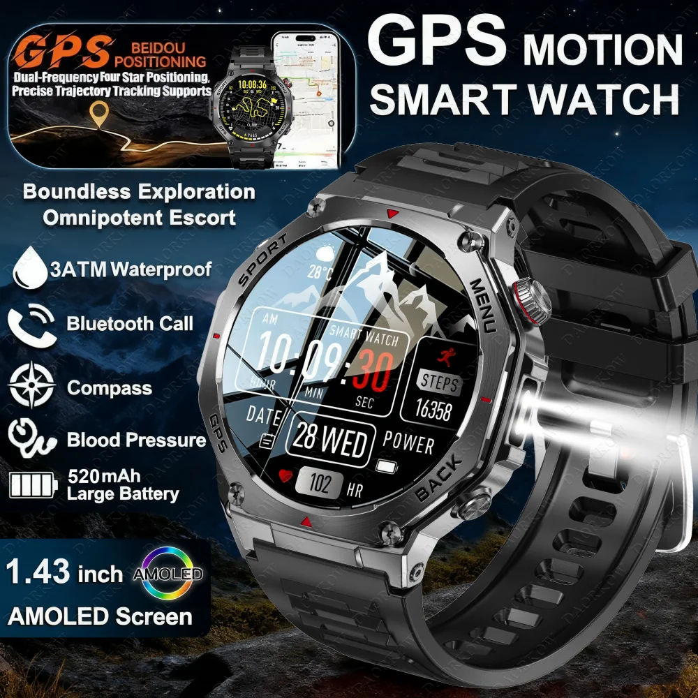 

DAORKOW2025 new GPS sports smartwatch AMOLED flashlight 3ATM waterproof Fitness tracker BT Call men's and women's smartwatch