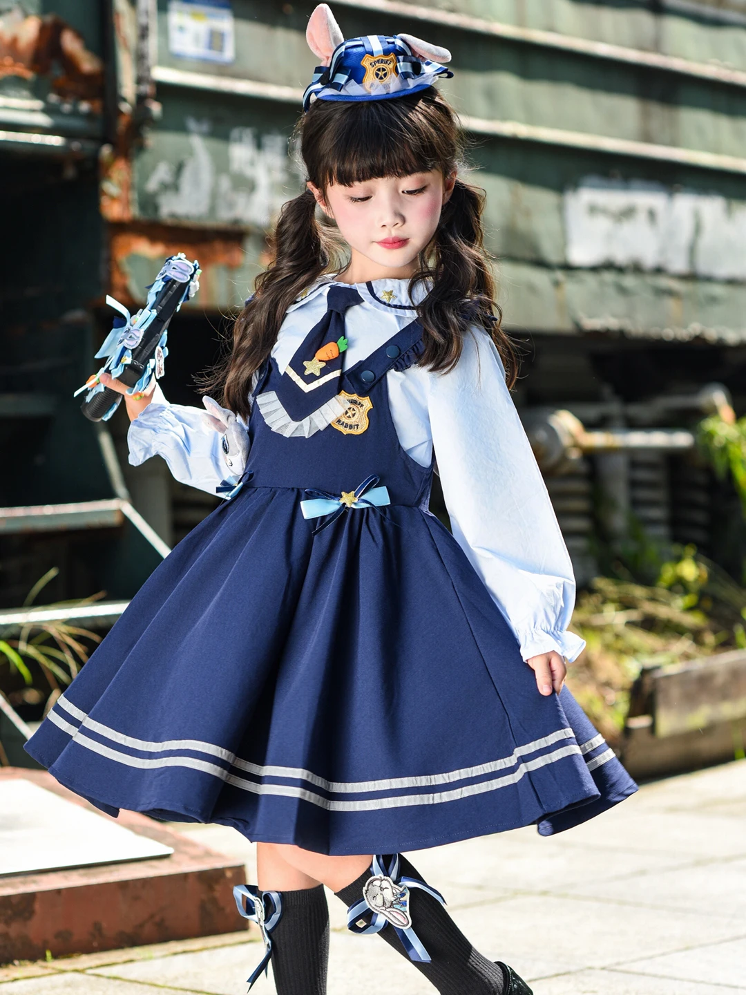 Vestido Lolita Estilo Escolar Azul com Alças de Coelhinha, Conjunto de Duas Peças para Apresentações Infantis, Roupa para Men...