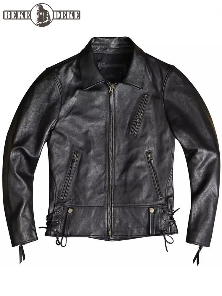 

Autumn Mens Lace Up Slim Fit Cowhide Genuine Leather Jacket Short Style Zipper Pockets Motorcycle Riding Coat Windproof Jacket