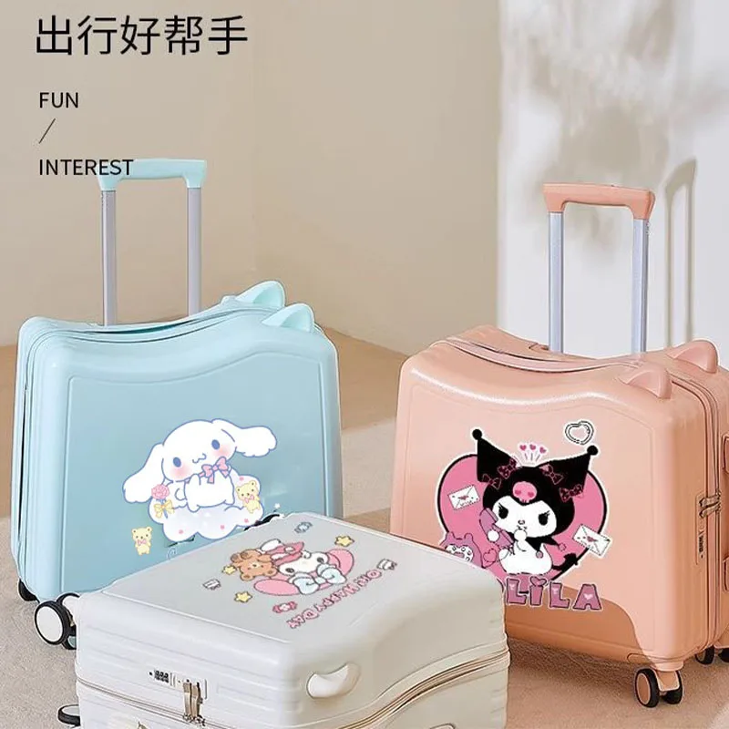

Sanrios Kids Luggage Anime My Melody Kuromi Student Suitcase Kawaii Cinnamoroll Password Travel Box Ride Boarding Trolley Case