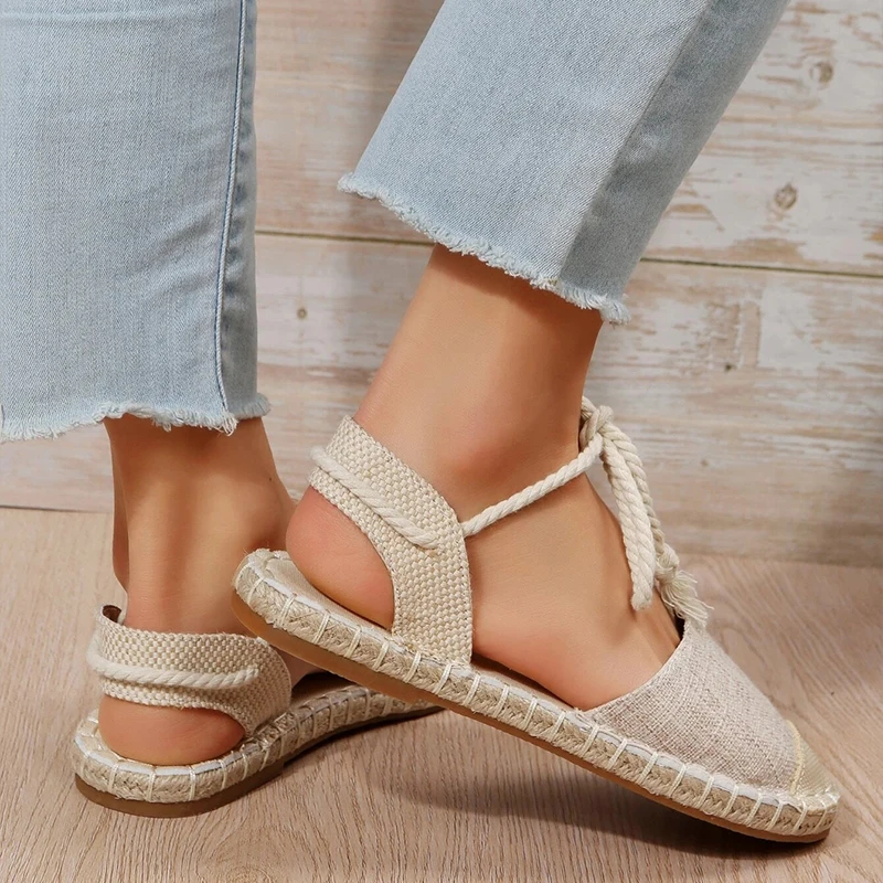 Lace-up Flats Summer Sandal Elegance Women Comfy Shoes Fastener Ankle Strap Espadrilles Linen Vacation Flats Sandals