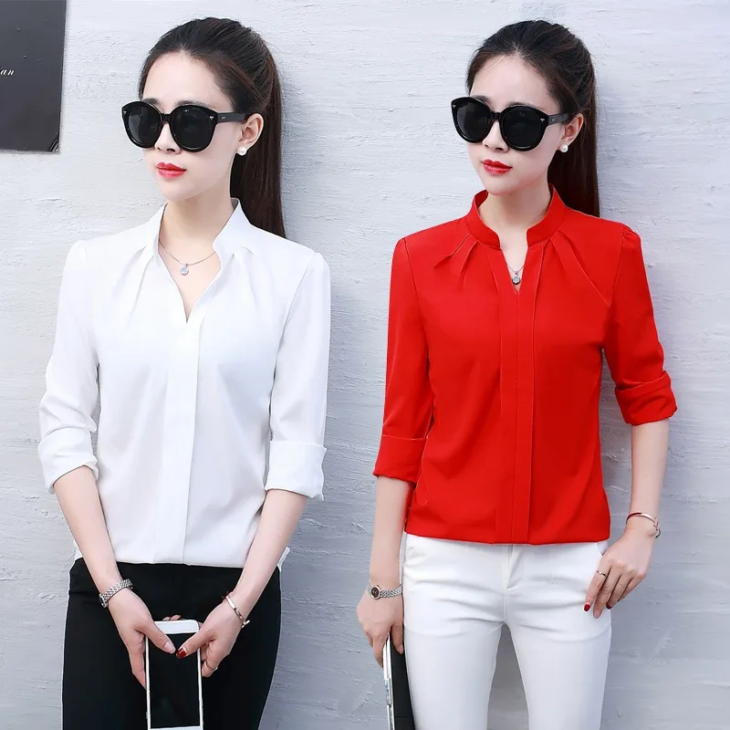 2018 Spring fashion Sexy V-Neck shirt women OL formal long sleeve chiffon blouse