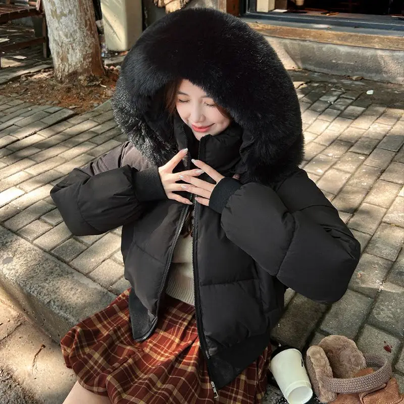 

Autumn Winter Big Fur Collar Hooded Puffer Jacket Women Warm Cropped Top Parka Design Streetwear Windproof Long Sleeve Outerwear