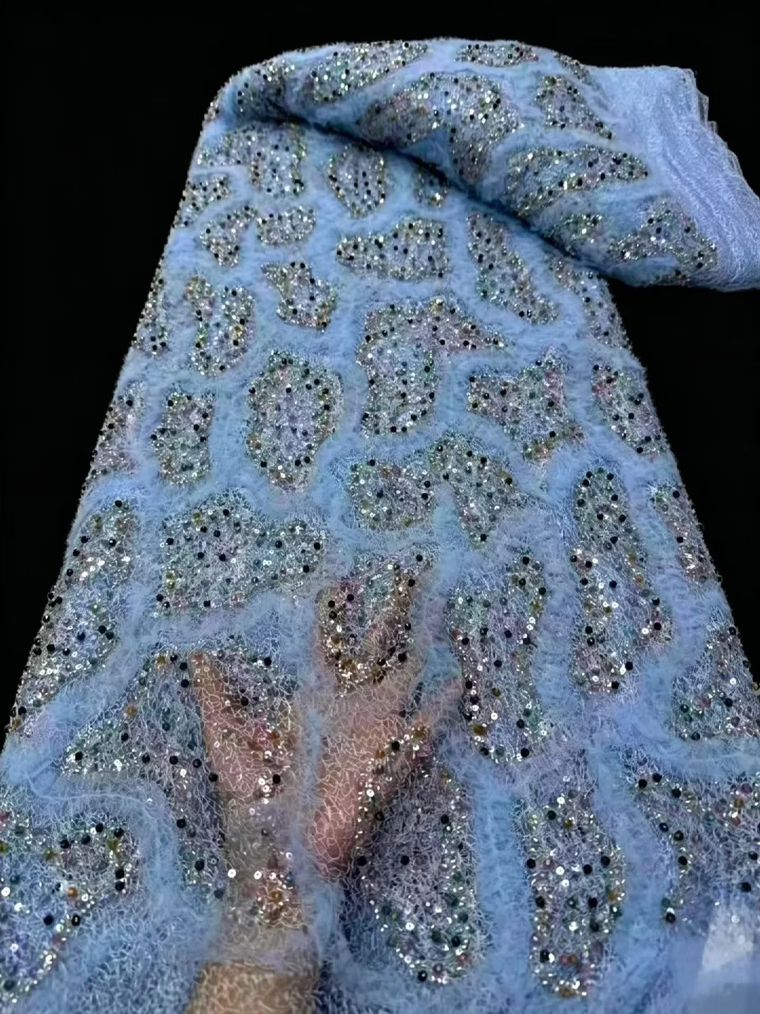 Top Grade High Quality African Nigeria Sequins Tulle Lace Fabric Embroidery Wedding Party Guipure Dress Beads Stone
