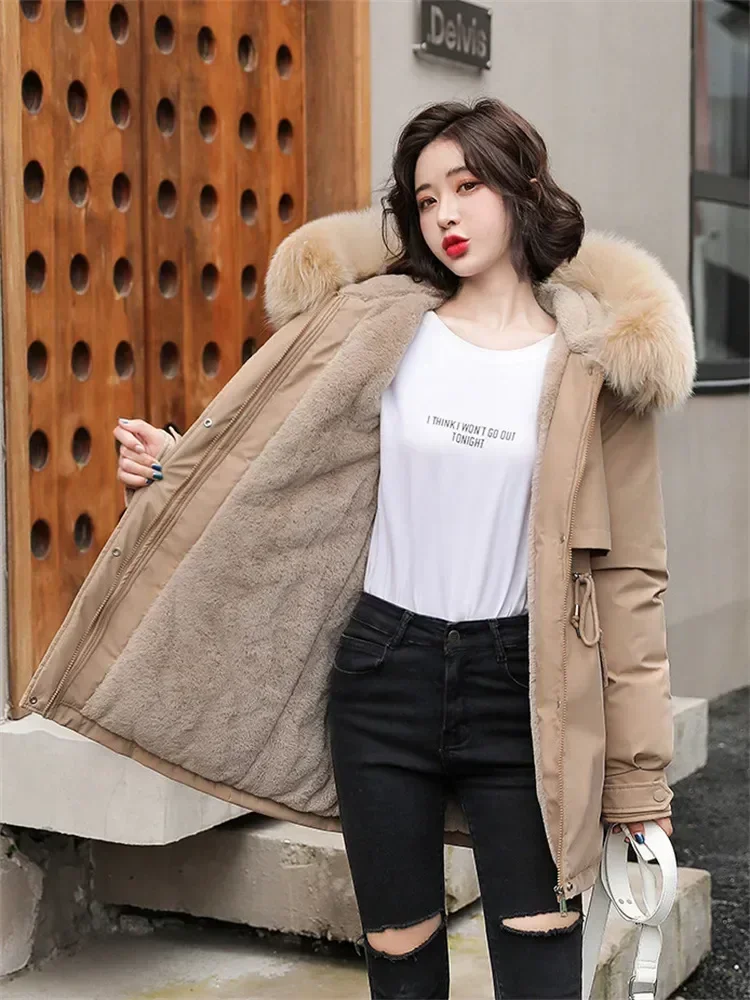 Winter Coat Low Price On Sale Women Beige Add Wool Thick Warmth Fur Hooded Parkas Jacket 2024 New Fashion Belt Slim Cotton Coat