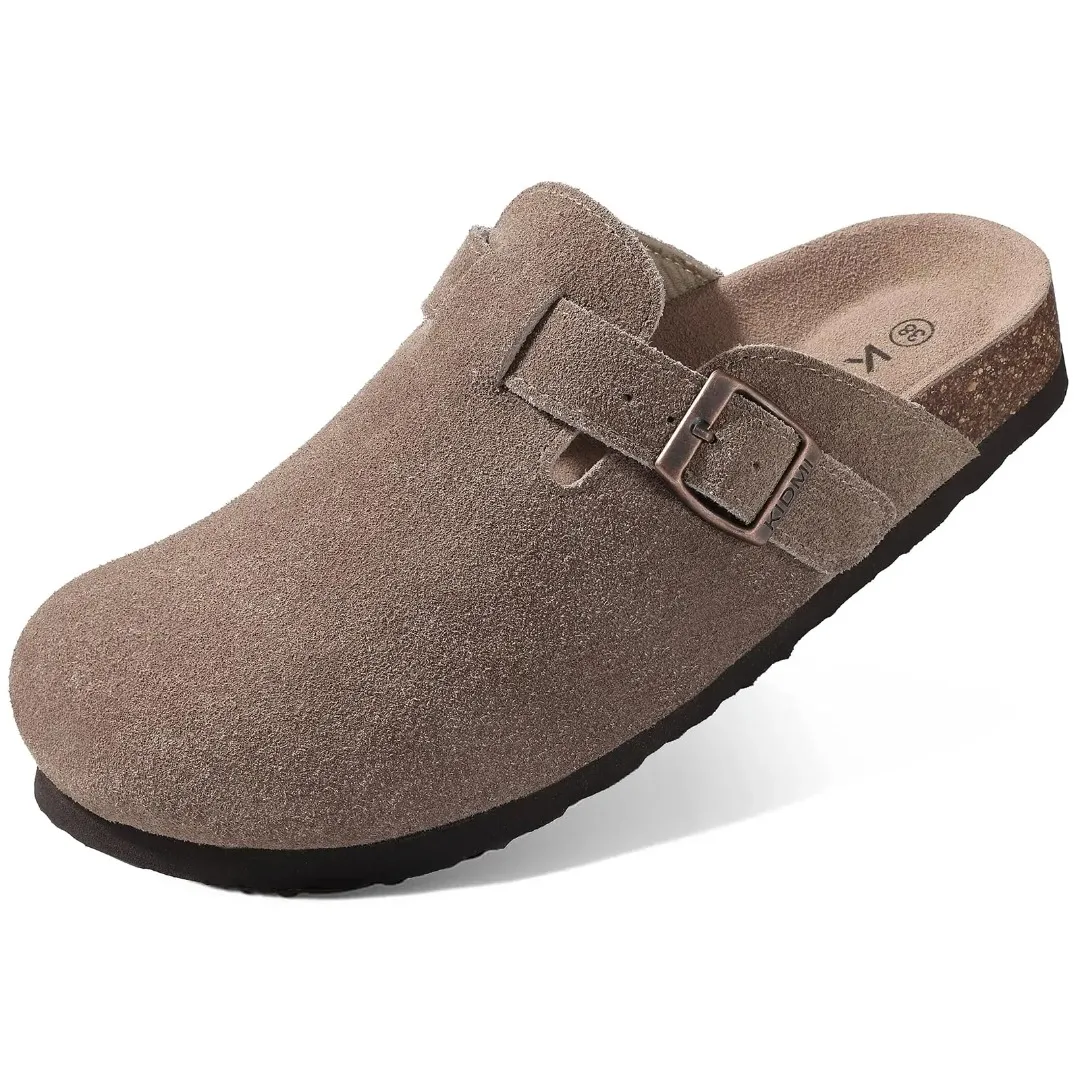 Men's and women's suede clogs, leather mules, cork soles, and cowhide Birkenstocks