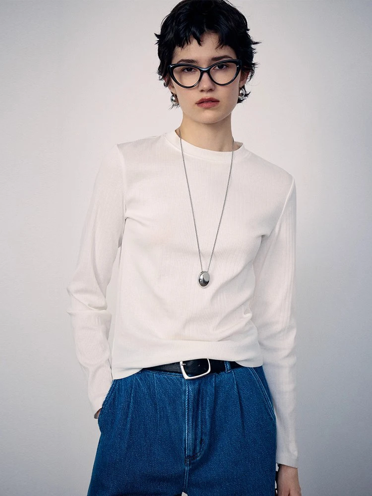 Katoenen kleine halfhoge kraag, onregelmatig geribbeld effen wit basisoverhemd met hoge elasticiteit voor herfst en winter 2025